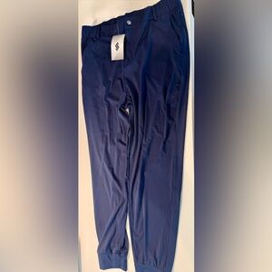 Men's Navy Jogger Pants. Belt and button. Dressier look.
